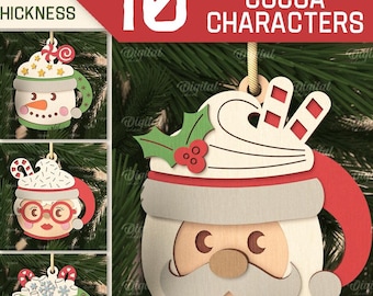 Christmas cocoa characters bundle, 3D Christmas tree ornaments laser cut, wooden xmas ornament svg, Christmas tree decor svg, cocoa mug svg