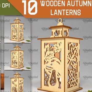 May include: Ten wooden autumn lantern designs. Each lantern features a different autumn-themed design, including leaves, acorns, and mushrooms. The lanterns are made of wood and are 3 mm thick. SVG, DXF, PNG, and JPG files are included.