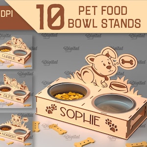 Personalized pet food bowl stands bundle, 3D laser cut dog feeding station, Cats and dogs elevated food stand, custom food bowl holder svg