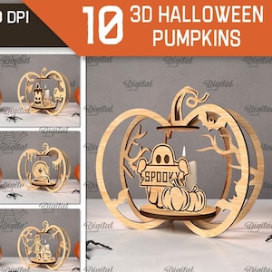 Może przedstawiać: Dziesięć wzorów 3D dyni na Halloween do cięcia laserowego. Każdy wzór przedstawia inny straszny motyw, w tym ducha, nawiedzony dom i kocioł czarownicy. Wzory idealnie nadają się do tworzenia niepowtarzalnych i świątecznych dekoracji do domu.