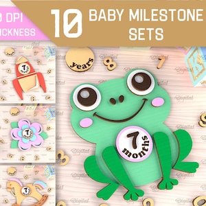 Lot de jeux de cartes 3D pour bébé, cartes superposées pour la première année de bébé découpées au laser, jalon mensuel, svg de jalons bébé mignon, faire-part de bébé