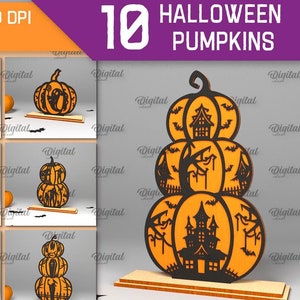 Może przedstawiać: Zestaw dziesięciu wzorów dyni na Halloween, wyciętych laserowo z drewna. Każda dynia ma skomplikowane wycięte wzory nawiedzonych domów, nietoperzy i innych upiornych elementów. Obraz zawiera tekst "10 Halloween Pumpkins".