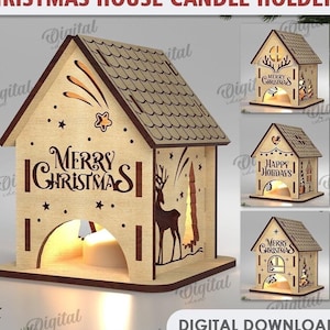 3D Christmas house candle holder bundle, Christmas lantern laser cut, Xmas wooden lamp svg, tea light candle holder, Xmas quotes svg