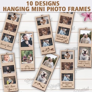 May include: Ten designs for hanging mini photo frames. Each frame has three photo slots and a different saying. The sayings include "Sweet Love", "Forever with you", "You are our hero", "Wonderful moment", "Memories are forever", "Together we make a family", "We love you", and "Every picture tells a story".