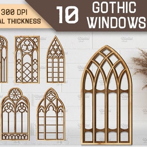 May include: Ten different designs of gothic style windows, in a brown wood finish, on a white brick wall background. SVG-DXF-PNG-JPG 300 DPI.  Suited for any material thickness.