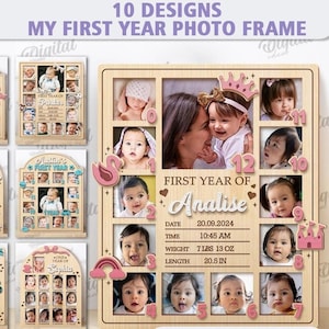 Pacote de molduras para fotos 3D do meu primeiro ano, moldura para fotos de bebê cortada a laser, moldura de estatísticas de recém-nascidos, gráfico de recém-nascidos, svg personalizado, moldura para pendurar na parede