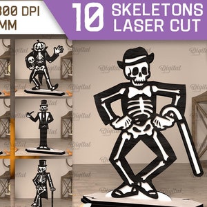 Pode incluir: Dez desenhos de esqueletos em preto e branco para corte a laser. Os esqueletos estão em várias poses, incluindo um esqueleto com um chapéu de cartola, um esqueleto com uma bengala e um esqueleto com um buquê de flores. O texto "10 SKELETONS LASER CUT" está na parte superior da imagem. O texto "SVG-DXF-PNG-JPG 300 DPI MATERIAL WIDTH: 3MM" está na parte superior da imagem.