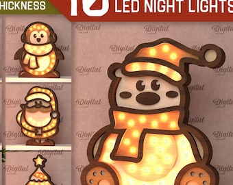 May include: Ten Christmas-themed LED night lights, each with a different design, including a snowman, a penguin, a reindeer, a rocking horse, a Christmas tree, a gift box, and a bear. The lights are made of wood and have a warm, inviting glow.
