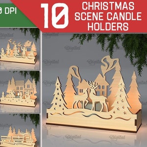 3D クリスマス シーン キャンドル ホルダー バンドル、3D クリスマス ティー キャンドル ホルダー ボックス レーザー カット、クリスマス ライト SVG、素朴なクリスマス ランプ、クリスマス ビレッジ
