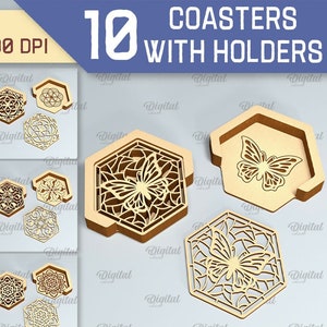May include: Ten laser cut wooden coasters with holders. Each coaster features a different intricate design, including butterflies and mandalas. The coasters are 3 mm thick and come in SVG, DXF, PNG, and JPG formats at 300 DPI.