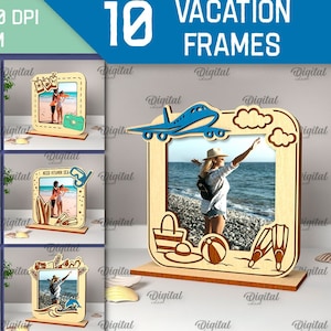 3D Urlaubsrahmen Bundle, Urlaubsrahmen mit Standfuß, 3D Laserschnitt Foto Display, Sommer Holzbilderrahmen svg, gravierter Fotorahmen svg