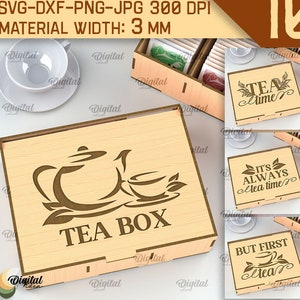 May include: Ten tea bag holder designs featuring various tea-themed illustrations and text. The designs include a teapot and teacup, the text "Tea Time", "Tea Box", "It's Always Tea Time", "But First Tea", "It's Always Tea Time", and "Tea All The Time".