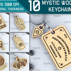 Mystical keychains bundle, magic keychain laser cut, esoteric wooden key ring, boho svg, tarot svg, witchy keychains, celestial svg, mystic