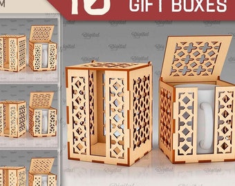Paquete de caja de regalo de taza de madera 3D, caja de regalo de taza de café cortada con láser, soporte de taza decorativo svg, caja con tapa cortada con láser, caja con patrones geométricos