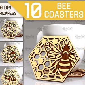May include: Set of 10 bee-themed coasters, each featuring a hexagonal design with a bee and honeycomb pattern. The coasters are made of wood and have a light brown color.