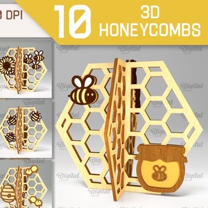 May include: Ten 3D honeycomb designs for laser cutting. Each design features a honeycomb pattern with bees, flowers, and a jar of honey. The designs are perfect for creating unique and decorative crafts.