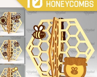 May include: Ten 3D honeycomb designs for laser cutting. Each design features a honeycomb pattern with bees, flowers, and a jar of honey. The designs are perfect for creating unique and decorative crafts.