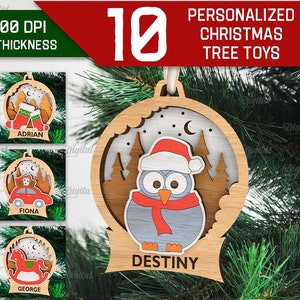 3D Personalized Christmas tree ornaments bundle, Xmas tree custom hangers laser cut, xmas layered bauble svg, family keepsake svg