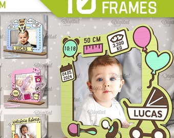 3D Baby photo frames bundle, picture frame laser cut, baby stats frame with stand, newborn chart svg, new baby stats svg, personalized svg