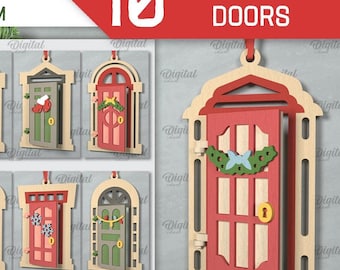 May include: Ten digital cut files of Christmas doors with various designs, including wreaths, holly, and a stocking. The files are for crafting and are 3 mm wide.
