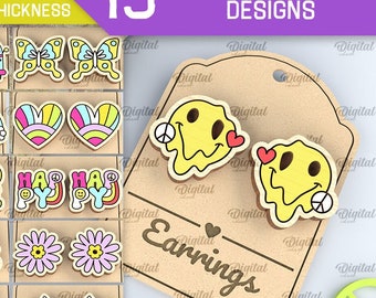 Hippie earrings bundle, Wooden groovy earrings designs, retro engraved jewelry lasercut, peace laser cut, stud earrings glowforge, smiley