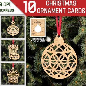 Pacote de cartões de enfeites de Natal, cartão pop-out de felicitações de Natal cortado a laser, presente de Natal personalizado, cartão pop-up de madeira, decoração de árvore de Natal