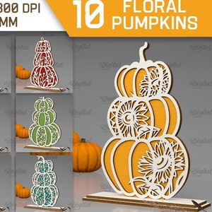Floral stacked pumpkins bundle, 3D wooden pumpkin laser cut, fall stand svg, autumn shelf sitter, free standing pumpkin, sunflower pumpkin