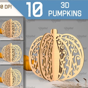 Op de afbeelding: Tien 3D lasergesneden pompoenontwerpen met ingewikkelde bloemmotieven. De pompoenen zijn gemaakt van hout en zijn 3 mm dik. De ontwerpen zijn perfect om unieke decoraties voor uw huis te maken of voor gebruik in knutselprojecten.