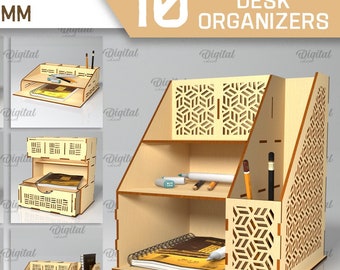 3D Wooden desk organizers bundle, desk organizer with drawers laser cut, storage bin, desktop office organizer svg, work documents holder