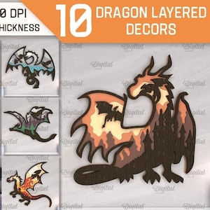 Dragon layered decors bundle, 3D dragons wall decor laser cut, dragon multilayer paper cut, wooden wall hanger svg, dragon scene, fairy tale
