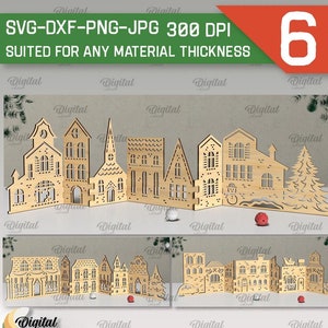 3D Christmas village bundle, Christmas scene stands laser cut, Xmas home decor svg, wooden decorations, Christmas shelf sitter, Xmas house