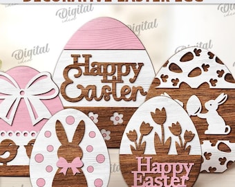 3D Decorative Easter eggs bundle, Easter egg stand laser cut, Easter bunny egg svg, wooden Easter decor, standing Easter egg, Easter quotes