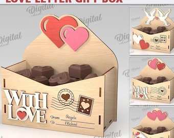 May include: A wooden "Love Letter Gift Box" with 10 designs, perfect for Valentine's Day. The box features a heart design and the words "With Love". The material width is 3 mm. Includes digital download options.