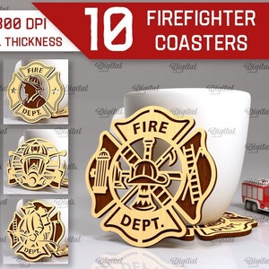 Firefighter engraved coasters bundle, fire fighter sign laser cut, fireman wooden coasters svg, fire rescue kitchen decor, firefighter svg