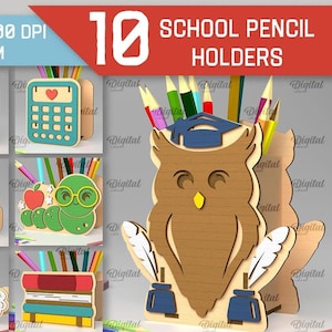 Puede incluir: Diez diseños diferentes para porta lápices escolares. Los diseños incluyen un lápiz, un signo A+, una calculadora, una manzana, una mochila, un gusano, una computadora, un autobús escolar, una pila de libros y un búho. Los soportes están hechos de madera y tienen un grosor de 3 mm.
