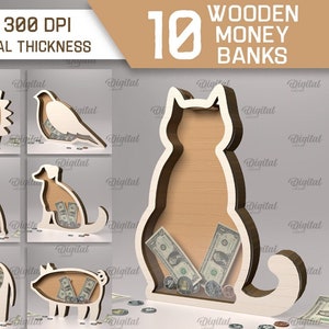 May include: Ten wooden money banks in the shapes of various animals, including a cat, whale, elephant, pig, rabbit, hedgehog, bird, lion, dog, and bear. The banks are all cut out of wood and have a slot for coins. The banks are all on a white background.