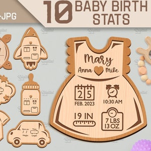 Paquete de estadísticas de nacimiento de bebé personalizadas cortadas con láser, gráfico de recién nacido en capas 3D, accesorio fotográfico de bebé nuevo, placa de anuncio de nacimiento métrica, letrero con foto svg