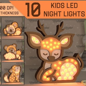 Paquete de lámparas de noche LED de madera para niños, lámpara de noche para bebé 3D cortada con láser, caja de luz LED cortada con láser, svg para niños, guardería para bebés, animales lindos