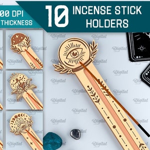 以下が含まれることがあります： お香立てのデジタルデザイン10点。各デザインは、三日月、太陽、砂時計、目のある手、水晶玉など、さまざまな神秘的または精神的なシンボルを特徴としています。デザインは、薄い茶色のカラーパレットでボヘミアンスタイルです。