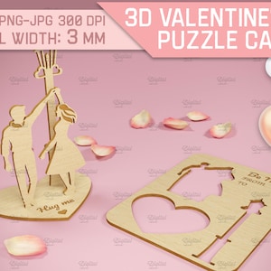 Tarjeta de felicitación cortada con láser del día de San Valentín, tarjeta de rompecabezas 3D, regalo personalizado de San Valentín, soporte de tarjeta de amor Lasercut, amantes, tarjeta emergente de madera
