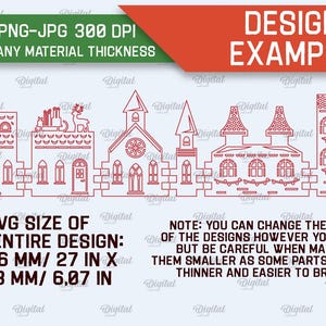 May include: Red line art design of a Christmas village with a church, houses, and a scooter. The design is 27 inches by 6.07 inches and is suitable for any material thickness. SVG-DXF-PNG-JPG 300 DPI.