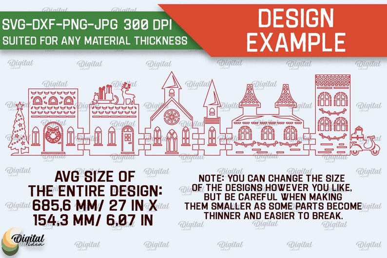 May include: Red line art design of a Christmas village with a church, houses, and a scooter. The design is 27 inches by 6.07 inches and is suitable for any material thickness. SVG-DXF-PNG-JPG 300 DPI.