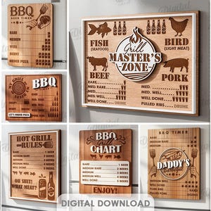 May include: A collection of ten wooden BBQ-themed designs, including timers, charts, and signs. The designs feature text and illustrations related to grilling, such as meat types, cooking levels, and beer. The designs are suitable for various materials.