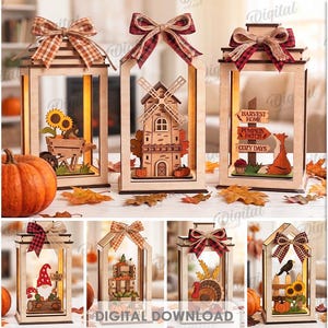 May include: A collection of ten laser-cut wooden lantern designs featuring autumn themes like pumpkins, windmills, scarecrows, and gnomes. Each lantern is topped with a plaid fabric bow and constructed from 3 mm thick material, available as digital files.