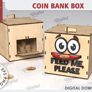 Alcancía con forma de cerdito en 3D, divertida alcancía cortada con láser, por favor aliméntame SVG, emojis para guardar dinero, caja de efectivo, corte láser para niños