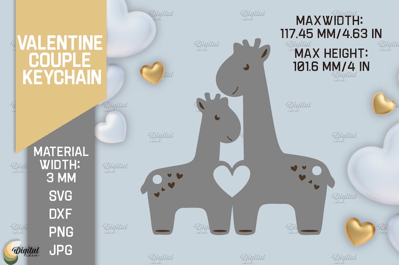 K&ouml;nnte beinhalten: Ein Schl&uuml;sselanh&auml;nger in Form eines Giraffenpaares in Grau und Braun mit einem Herz in der Mitte. Der Schl&uuml;sselanh&auml;nger ist 11,75 cm breit und 10,16 cm hoch.