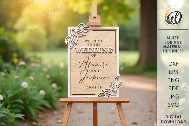 May include: A wooden wedding sign on an easel, featuring the names "Amari and Jamie" and the date "20.08.26". The sign has decorative leaf accents and the words "Welcome to the Wedding".