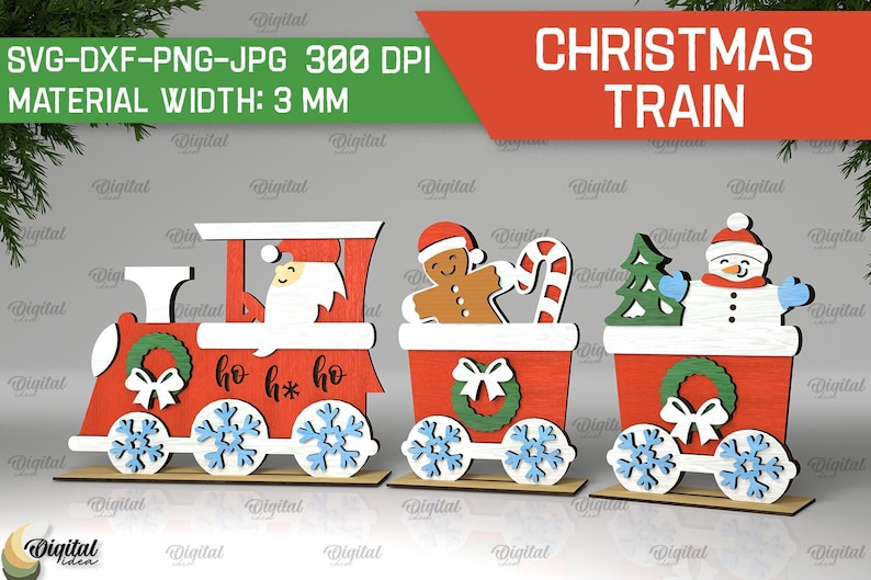 May include: A Christmas train with three cars, each decorated with a different holiday theme. The first car features a Santa Claus, the second car has a gingerbread man, and the third car has a snowman. The train is made of wood and is painted in red, white, and green.