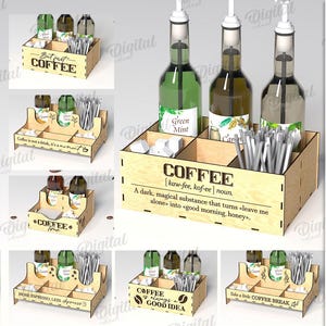 3D-paket med flaskställ för kaffesirap, laserskuren kaffeorganisatör, kaffebarlåda glowforge, kaffecitat svg, kökshållare för kaffesirap