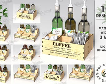 3D Coffee syrup bottle racks bundle, coffee organizer laser cut, coffee bar box glowforge, coffee quotes svg, kitchen coffee syrup holder